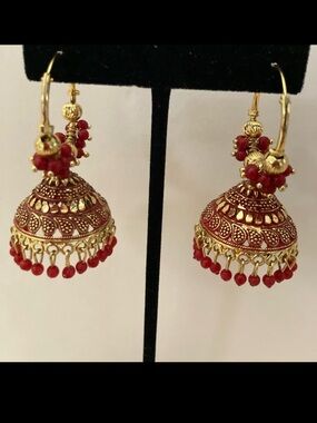 Gold Bollywood red bead earrings